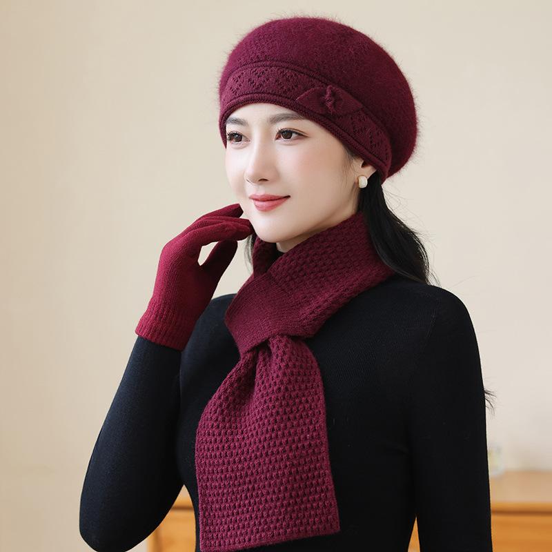 Chapeau d'hiver Béret en poils de lapin Pour les personnes âgées Chapeau thermique épais empilé Chapeau tricoté