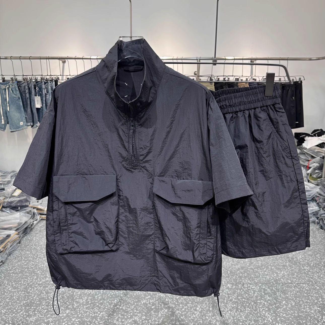 

Мужские летние костюмы из ледяного шелка больших размеров: Футболки с короткими рукавами, рубашки и шорты из двух частей от модных брендов L чёрный