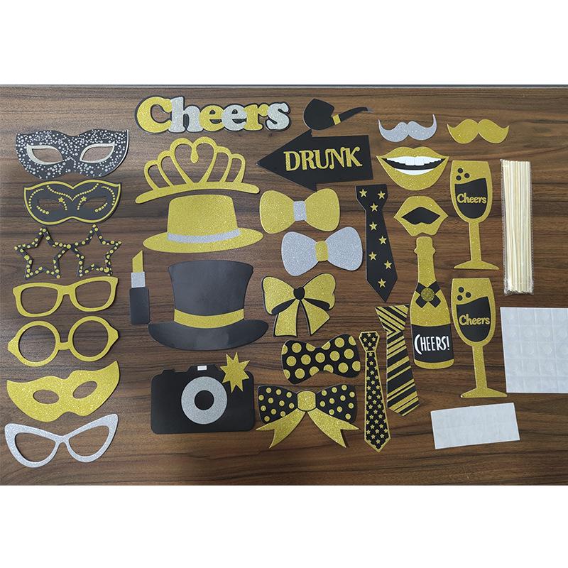 30 Glitter Photo Props: Black & Gold Wedding, New Year, Birthday Party Decorations