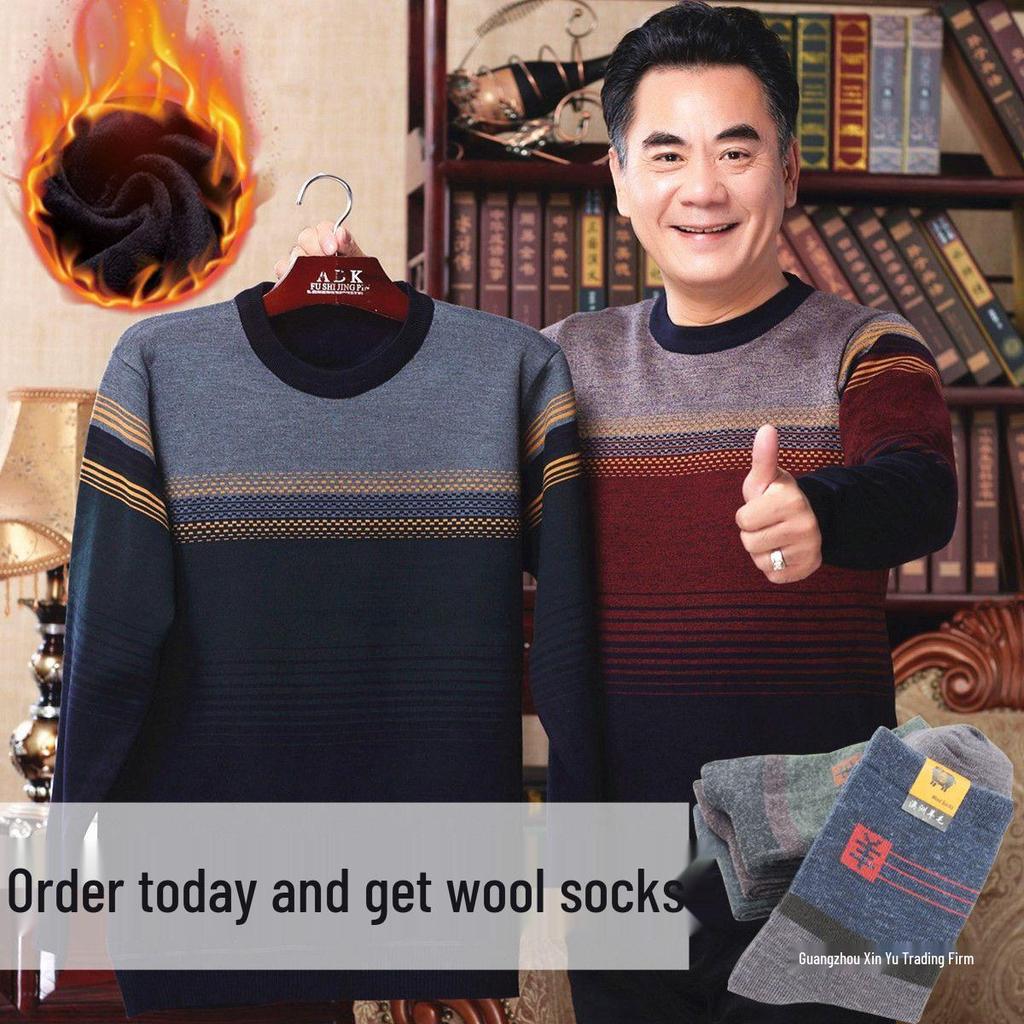 Men's Thick Fleece-Lined Sweater - Grandpa Style, Round Neck, Perfect for Winter Warmth