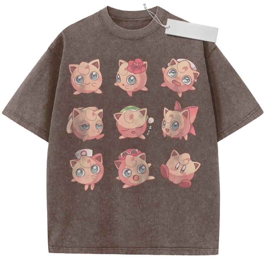 Unisex Washed Pink Vintage Tshirt Pokemon Jigglypuff Emoji Highquality Fabric for Home Leisure Travel Shopping