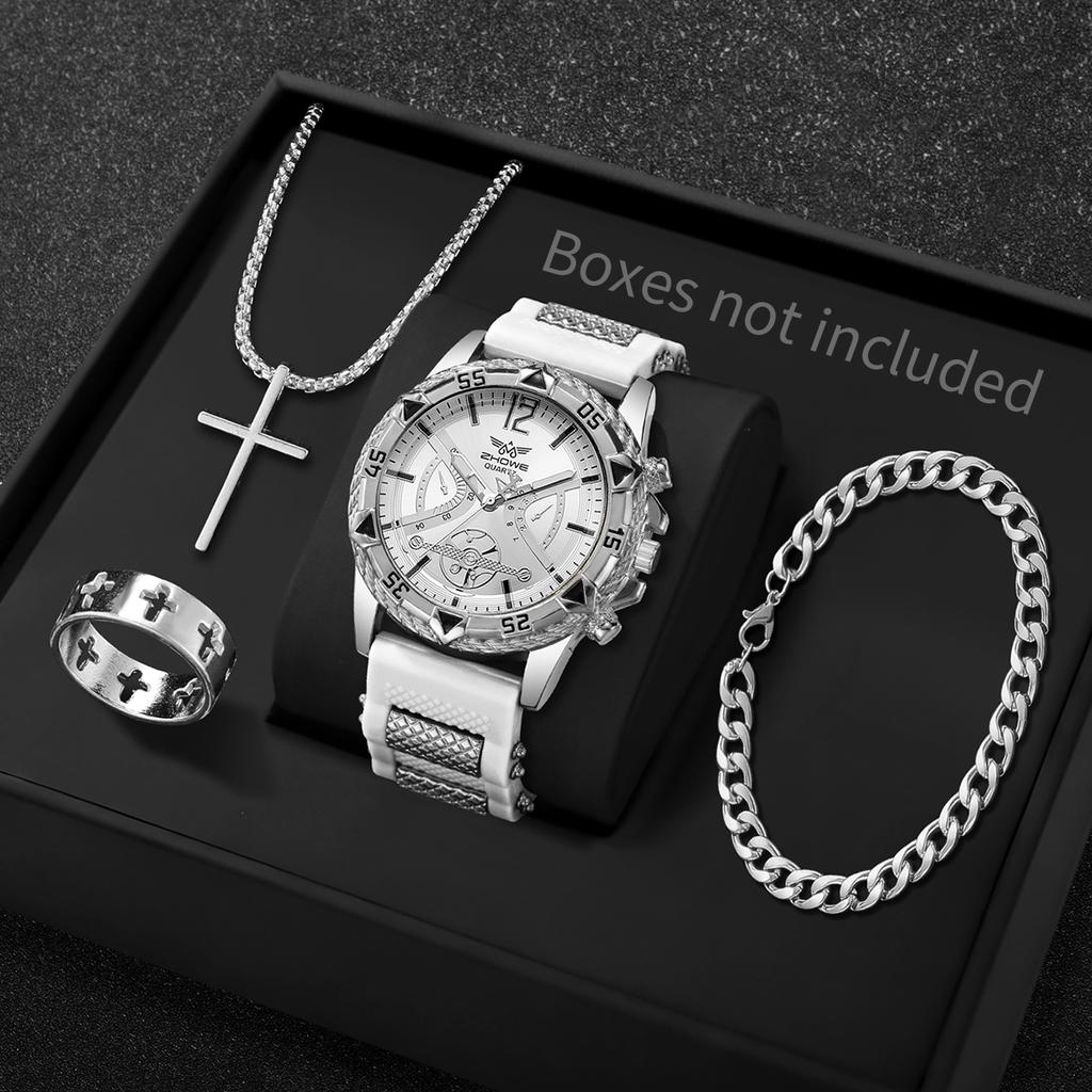 Xiaomi 4PCS Fashion Arabic Dial Men Business Quartz Watch CasuSilicone Strap Wristwatch With Necklace Set Reloj Hombre (Without Box)
