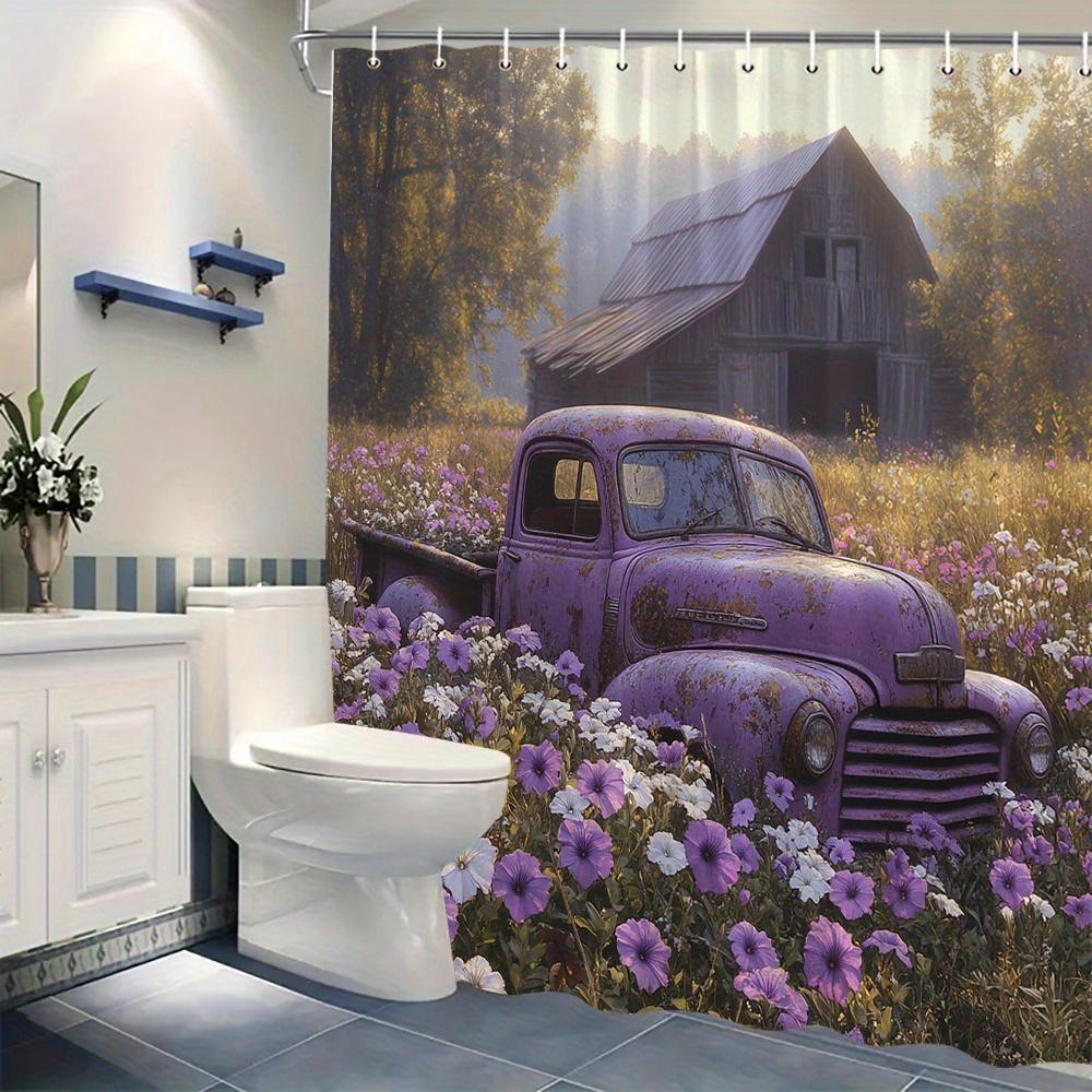 1pc Vintage Purple Pickup Curtain, Wildflowers & Barn, Rustic Scene, Nostalgic Polyester, 12 Hooks, Moving Gift, Farmhouse Decor