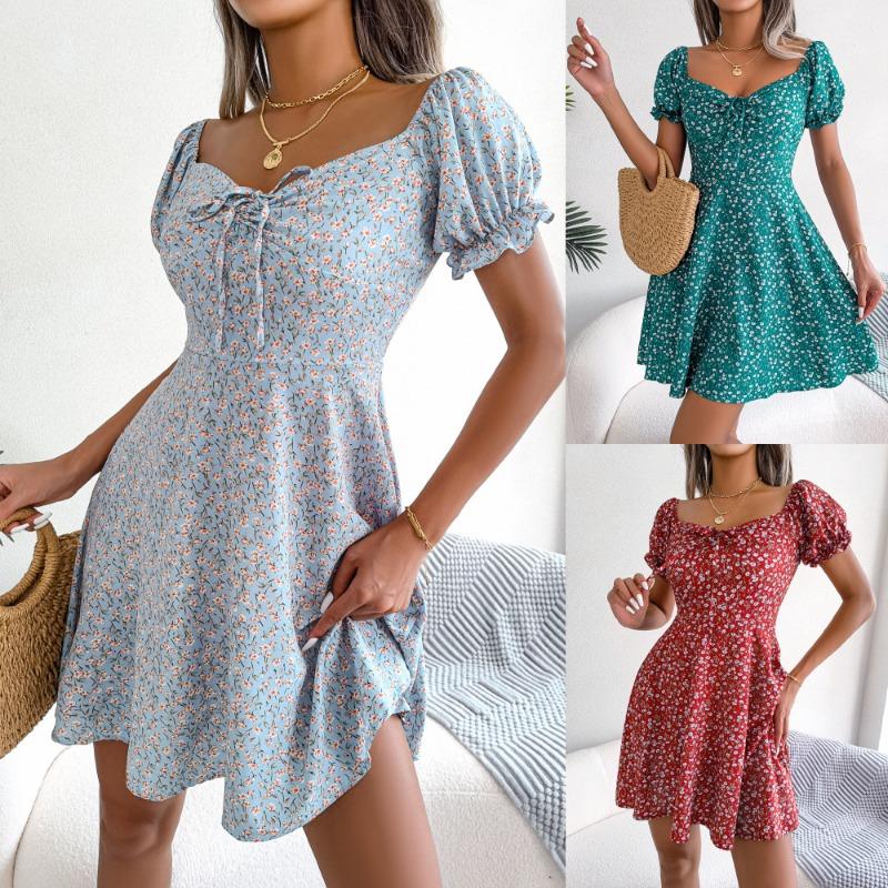 Women's Spring and Summer Leisure Flared Sleeve Drawstring with Floral Big Swing Dress