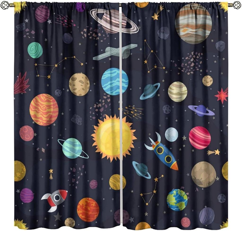 Kids Outer Space Curta, Universe Themed Earth Moon Rockets Stars Window Drapes, For Boys Girls Room Bedroom Living Room