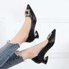 Fashion Rhinestone Buckle Shallow Single Shoes Women's Spring and Summer New Temperament Pointed Thick Heel Small Leather Shoes Shoes