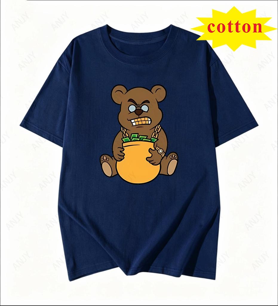 Rich Bear Theme Printed White Tshirt Sunglasses Gold Chain Money Bag Unisexs And Unisexs Casual Top