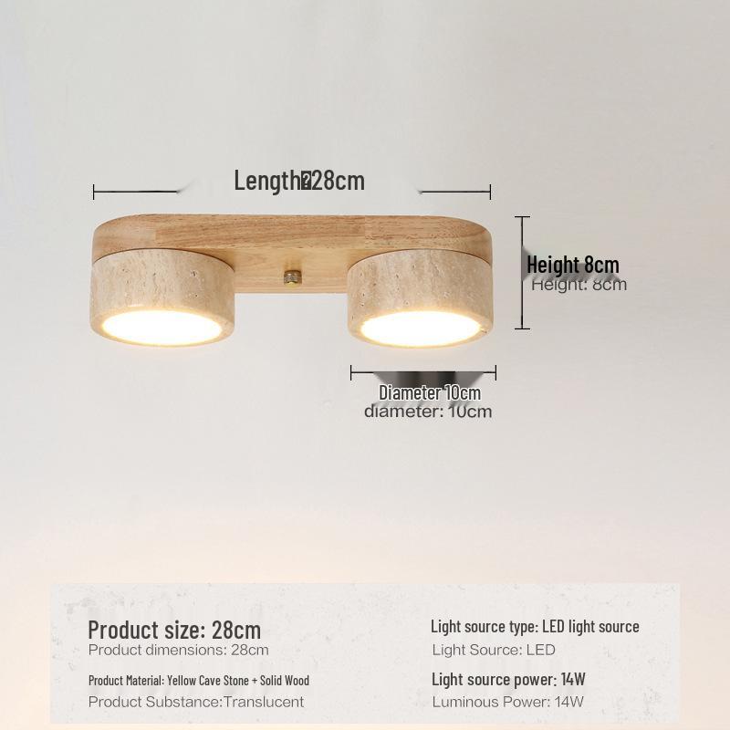 Wabi-Sabi Style Yellow Travertine and Walnut Ceiling Light for Hallways, Cloakrooms, and Balconies
