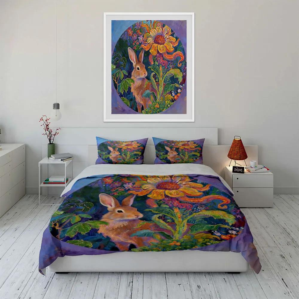 Floral Rabbit Artwork Home Decor Soft Comfortable Duvet Cover Bedding Set Included 1*Duvet Cover & 2*Pillowcases Gift