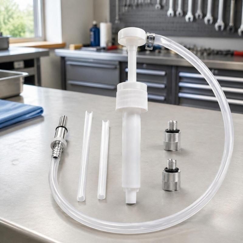 Plastic Brake Fluid Service Pump Kit with Clear Flexible Tubing, Two Straight Tubes and Threaded Connection Pieces for Vehicle Maintenance