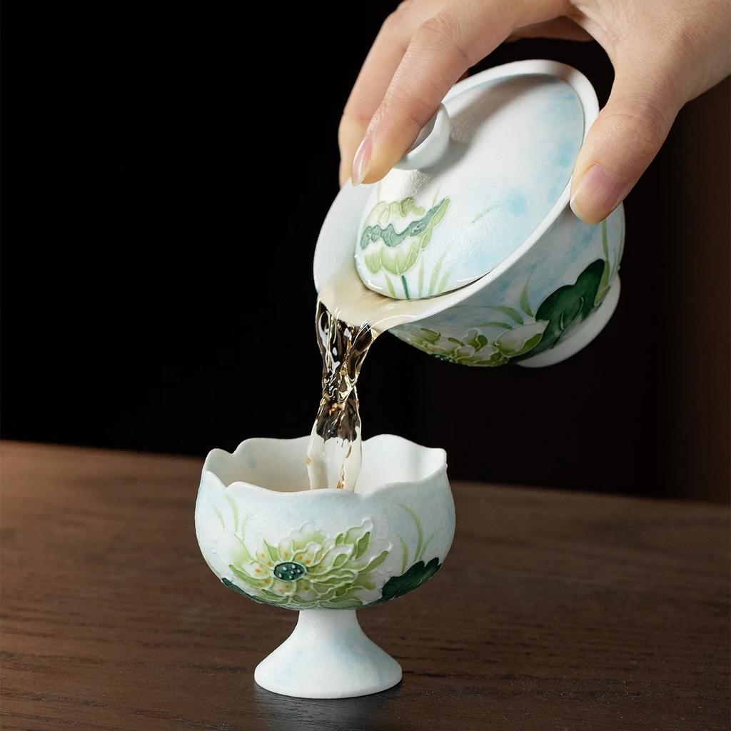110ML Snowflake White Hand Painted Arita Yaki Hepan Yingbo Blue Household Ceramic Cover Bowl KungFu TeaSet Flower Mouth Tea Bowl
