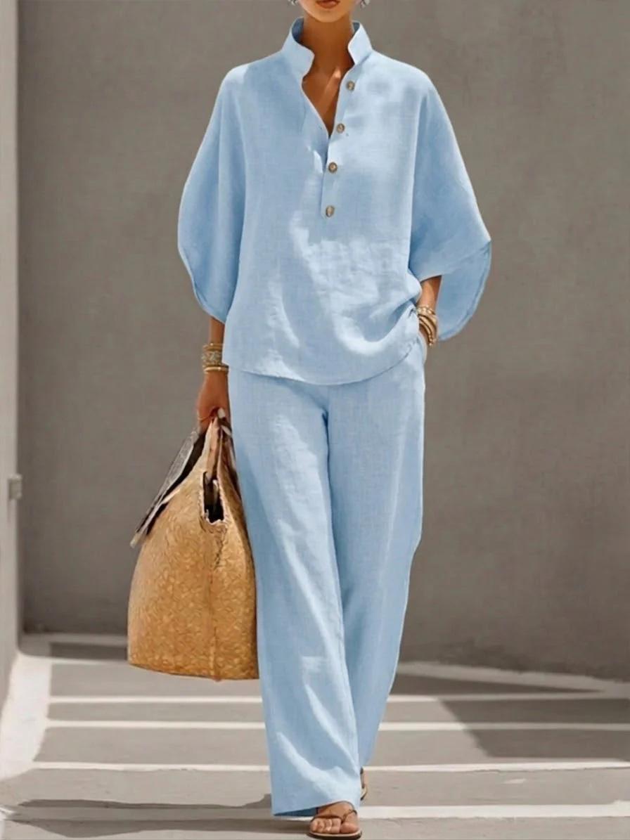 Leinen Hemd mit Knopfleiste und Weiter Hosen Casual Set XXXL hellblaue