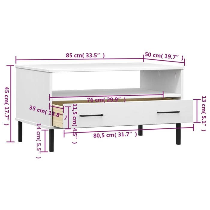 VidaXL Table basse avec pieds en métal Blanc 85x50x45 cm Bois OSLO, table d'appoint, table de salon, table d'accent 351035