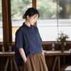 Women's Original Retro Cotton Dark Blue Short-Sleeved Casual Blouse
