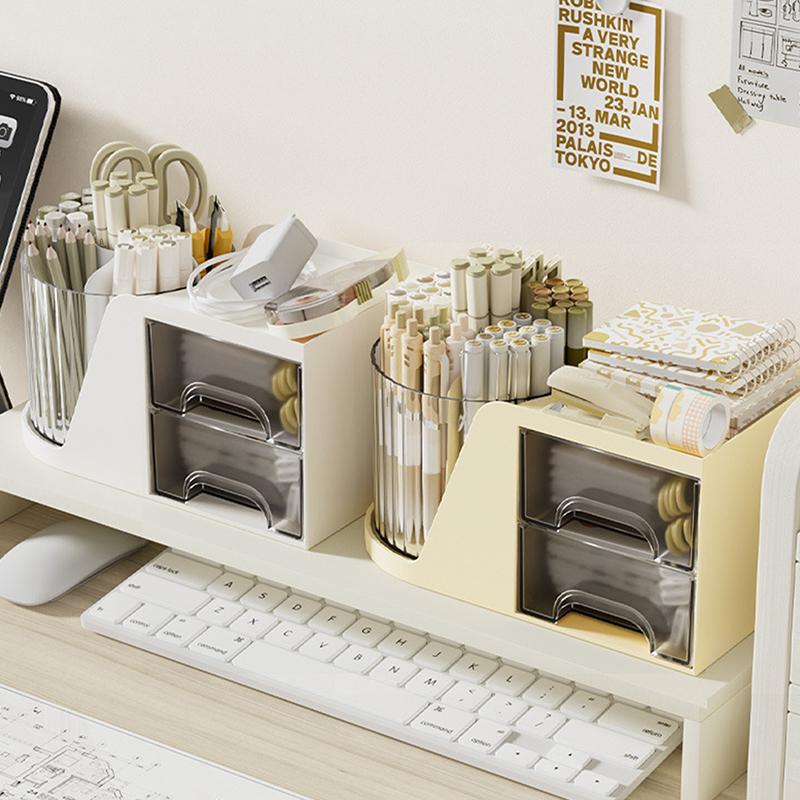 Desk Organizer Box Pen Holder Cosmetic Makeup Brush Storage With Drawer 360Degree Rotating Versatile Stationery For Office Home Table