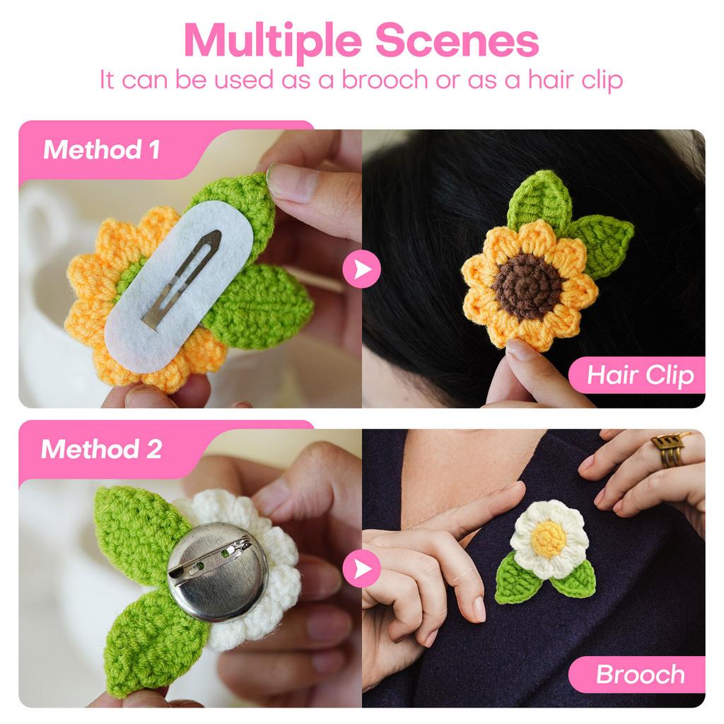 Flower Brooch Crochet Kits DIY Knitting Craft with Yarn Crochet Hook Needle Knitting Marker Material for Beginners Kids