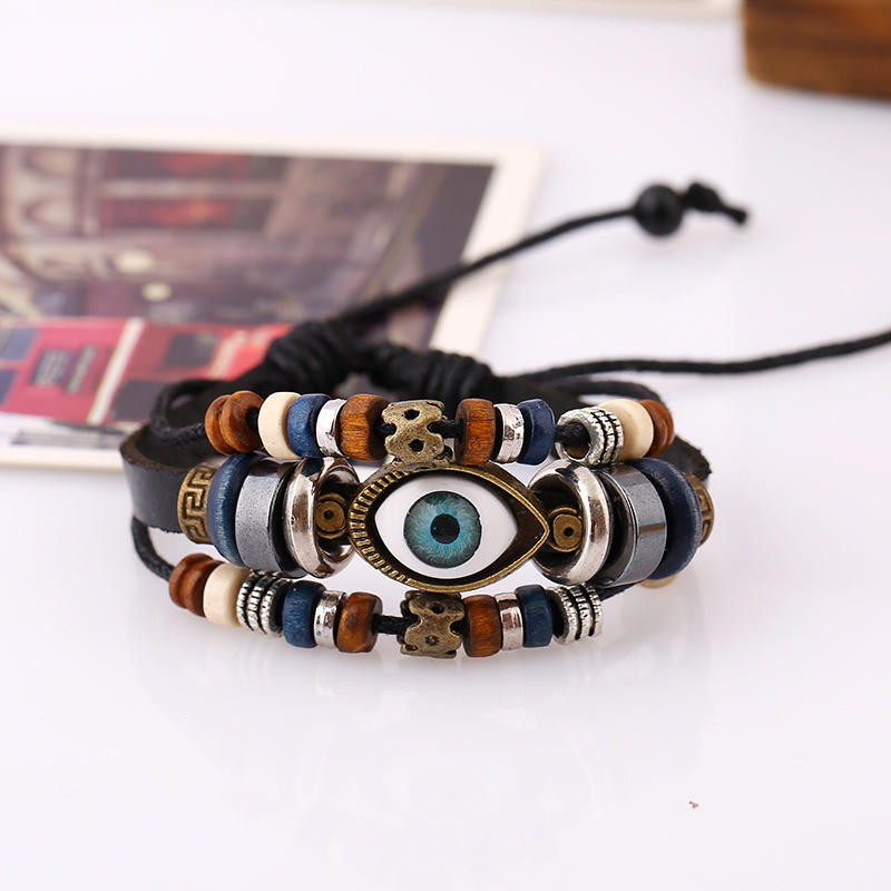 1pcs Couple Pull Adjustable Bracelet, Beaded Eye Leather Bracelet, Cowhide Handmade Jewelry