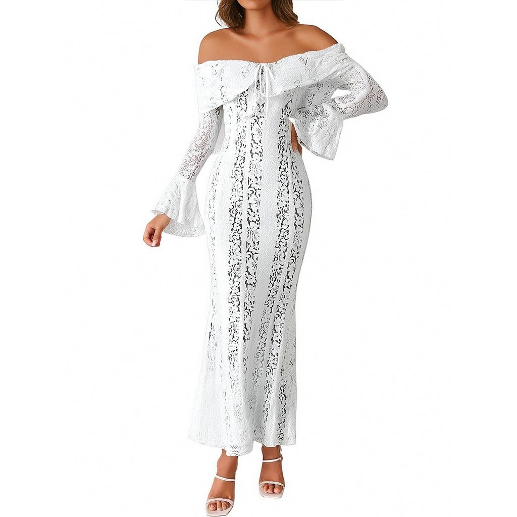Elegant Off Shoulder Lace Maxi Dress  Women Long Sleeve Evening Party Dresses For Date Nights