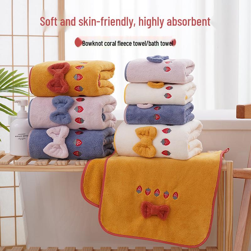 Strawberry Embroidered Bowknot Bath Towels - Coral Fleece Gift Set