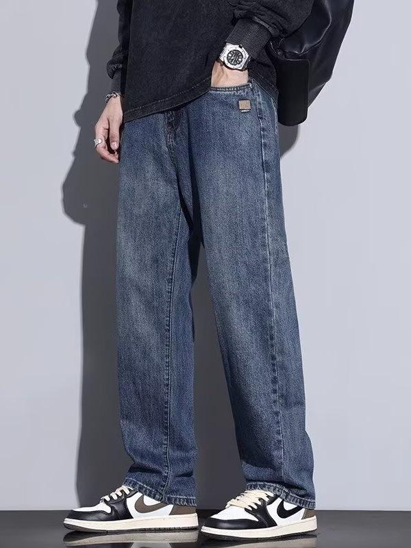 2025 Spring/Autumn Men’s American Retro Wide-Leg Straight Washed Jeans