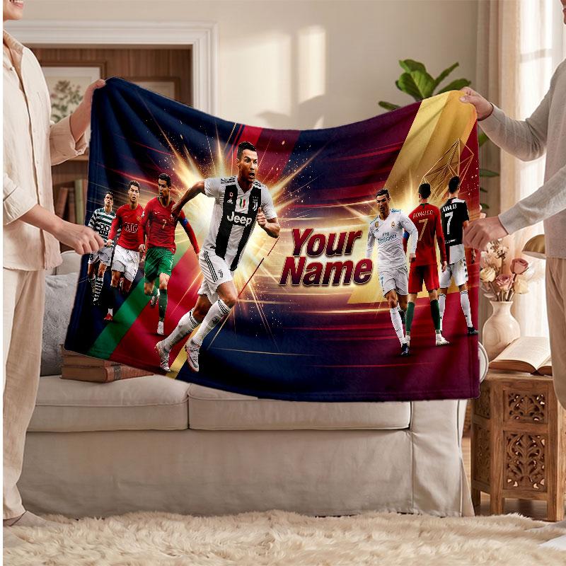 Cristiano Ronaldo Personalized Fleece Blanket With Football Logo, Custom Name Text Soft Warm Home Throw Blanket