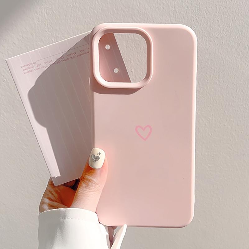 Korean Style Minimalist Pink Heart Phone Case For iPhone 11 12 13 14 15 16 17 Pro Max 16 Plus Shockproof Soft Silicone Cover