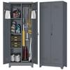 Broom Storage Cabinet With Locking Doors And Shelves, 65" H Metal Storage Cabinet With Hanging Rod & S-Hooks, Cleaning Tool Storage Cabinet