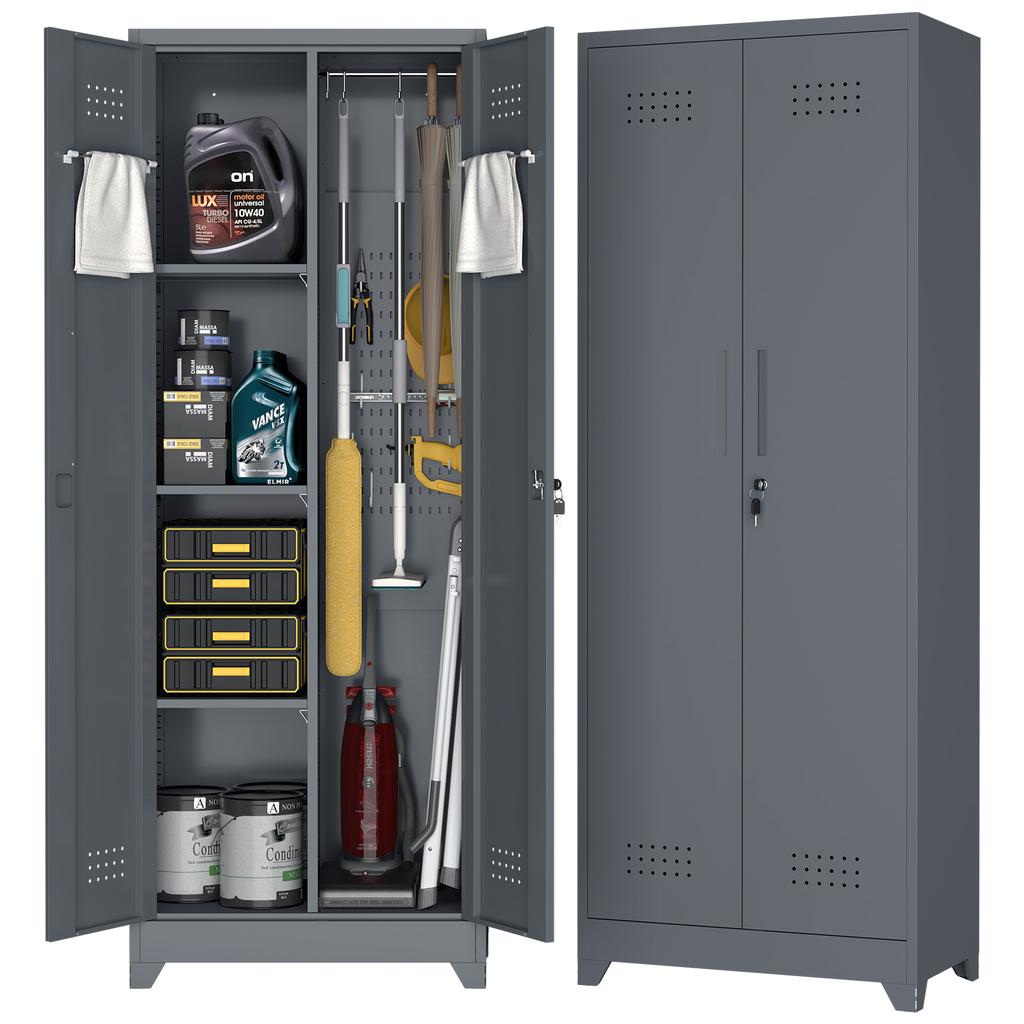 Broom Storage Cabinet With Locking Doors And Shelves, 65" H Metal Storage Cabinet With Hanging Rod & S-Hooks, Cleaning Tool Storage Cabinet