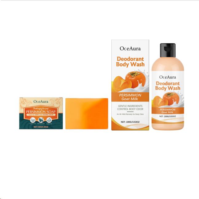 OceAura Persimmon Soap Bar for Body Odor Control Deodorant Professional Skin Cleaning Goat Milk Body Wash Persimmon Shower Gel
