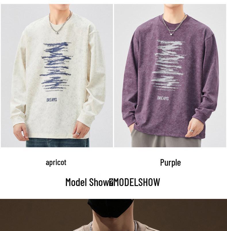 Men's Heavyweight Retro Washed Long-Sleeve T-Shirt - Autumn Edition, Loose Fit, Round Neck, Trendy American Print