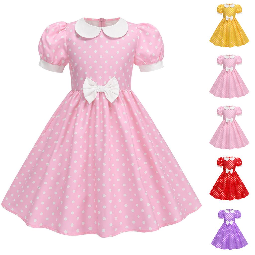 Fashion Children's Short-sleeved Polka Dot Dress With Baby Collar