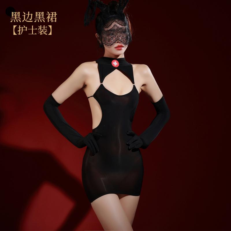 Sexy Women Cosplay Nurse Dress Bandage Hollow Out Tights Dress Oil Glossy Shiny MINI Dress Sheer See Through Maid Dress