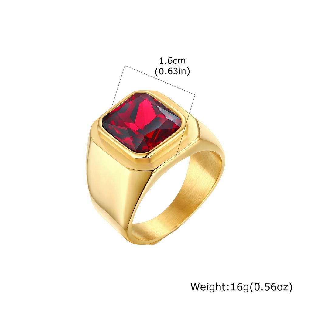 Vnox Punk Red CZ Stone Ring for Men, Gold Plated Stainless Steel Finger Band, Gothic Rock Square Metal Round Ring Jewelry Gifts