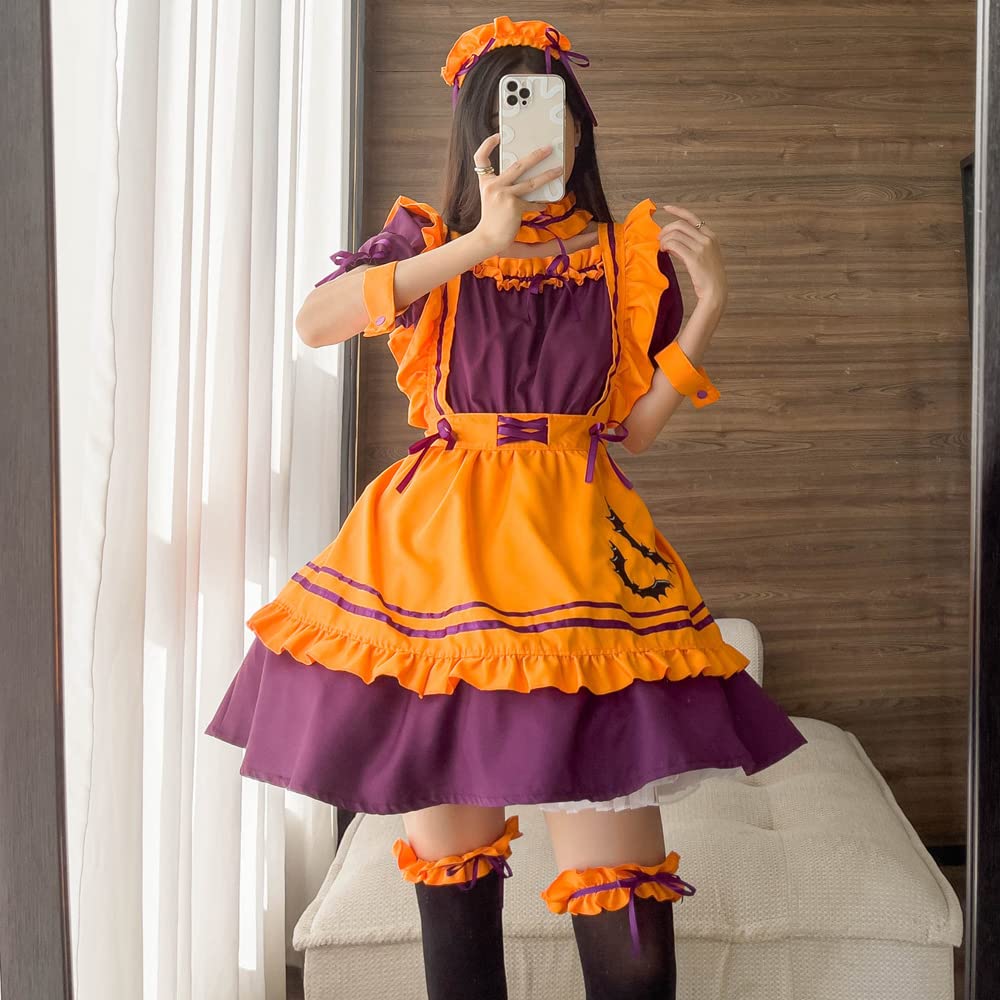 Halloween Maid Orange Bat Halloween Includes Socks [RPFLQ] Outfit, Costume, Women's Costume, Apron, Headband, Cute, Adult, 7-Piece Set, Knee-High