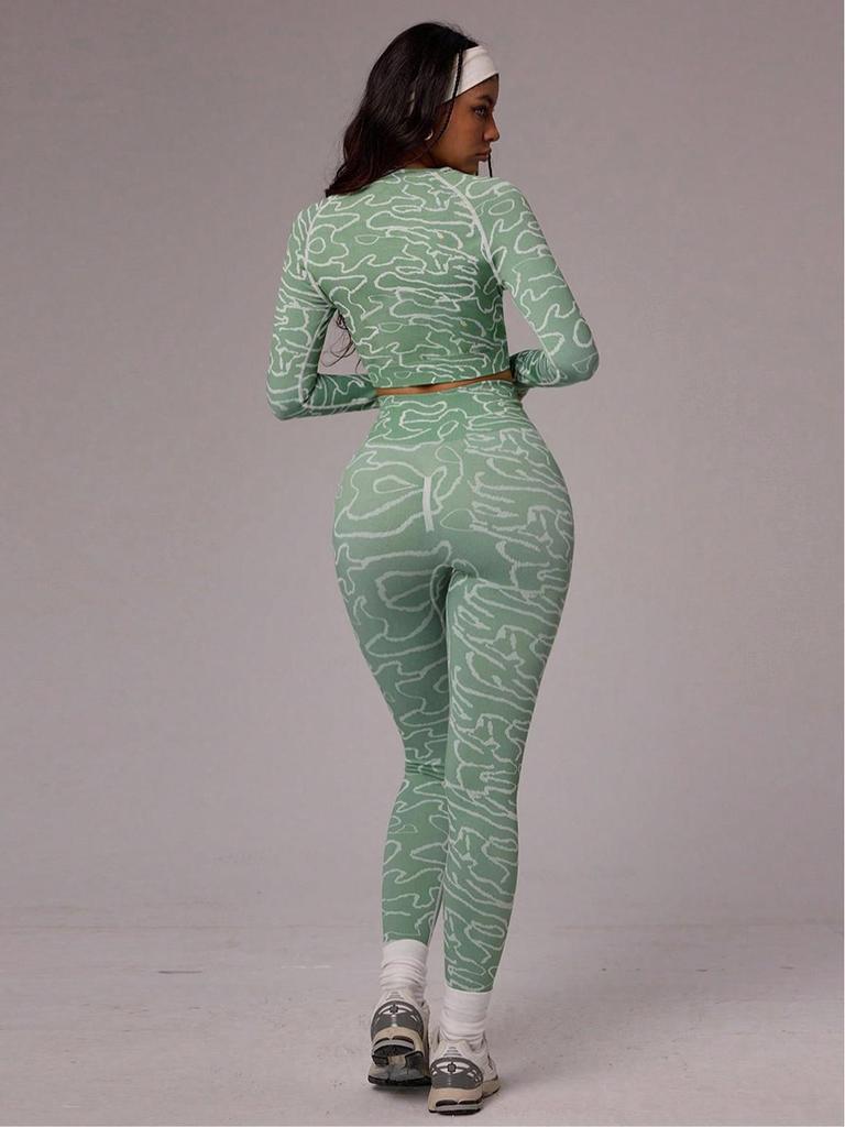 Nahtloses Yoga-Sportbekleidungsset: Langarmtop mit Daumenlöchern & Schlanke High-Waist-Hose mit Po-Lifting für Outdoor-Sport