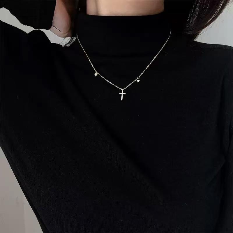 New 925 Sterling Silver Necklace Cross Shape Women Pendant Simple Personality Choker Religious Faith Accessories Fine Jewelry