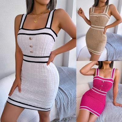 Spring Summer Casual Square Neck Button Collar Colored Waist Knitted Wrapped Hip Dress