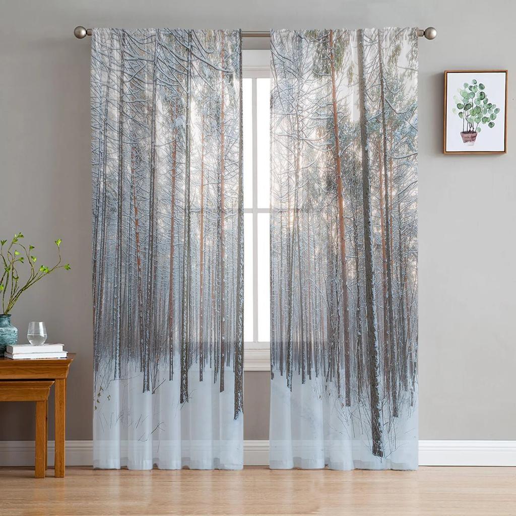 Winter Forest Tree Snowflake Semi Curtains Living Room Snowy Landscape Print Tulle Curtain Drapes Window Treatments Sheer Polyester Great Treatment