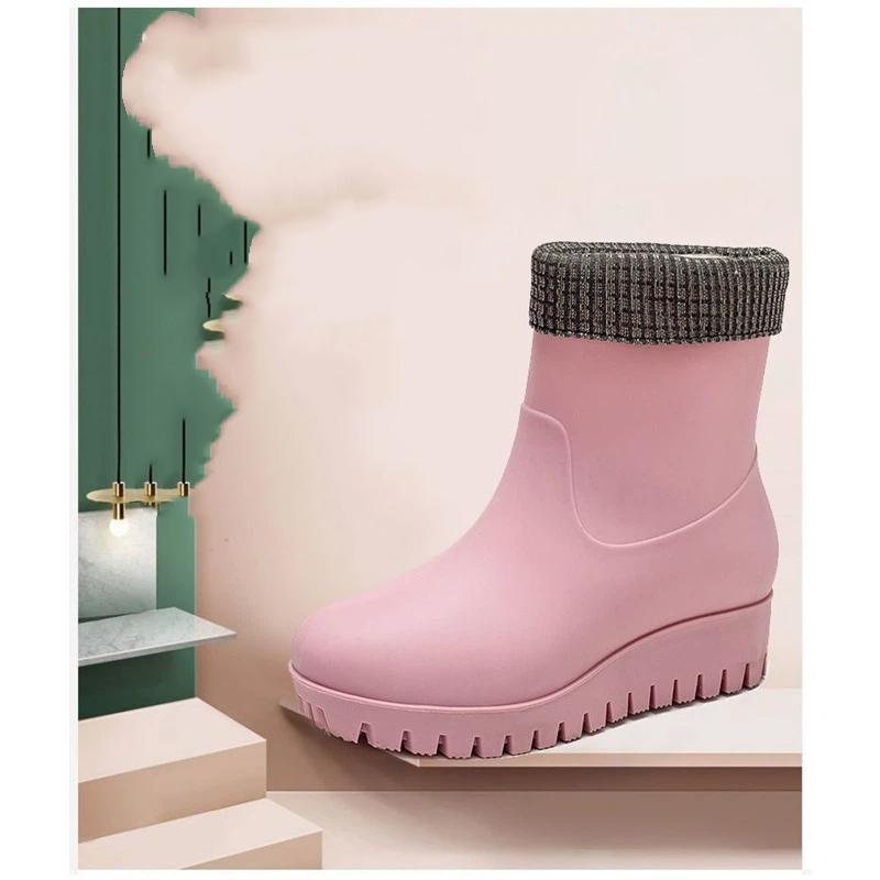 Fashionable And Warm Rain Boots For Women With Fleece Lining Waterproof And Anti Slip Midsole Water Shoes