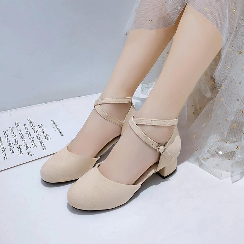 Baotou Sandals Girl Summer New Simple Cross Buckle Suede Small Size Thick Heel Student Versatile Evening Shoes