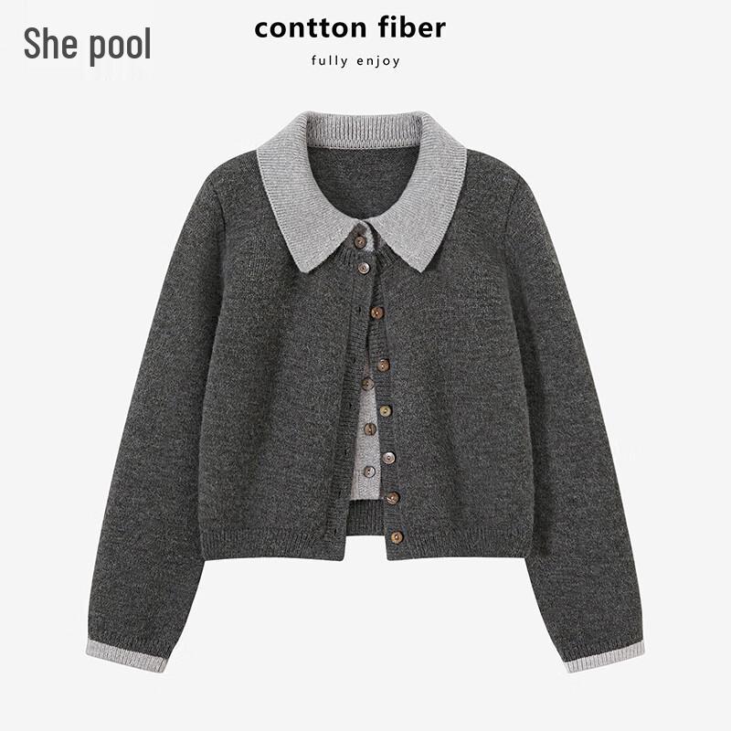 

Tachi Women s Contrast Lapel Faux Two-Piece Cropped Knit Cardigan M