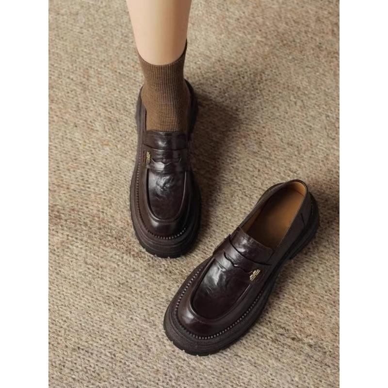 Rindslederversion, Echtleder Dicksohlige kleine Lederschuhe, Damen Ein-Pedal Lazy Goldschnalle Dickabsatz Einzelne Schuhe