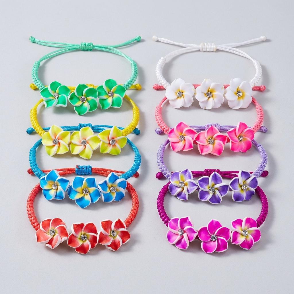 Bohemian Colorful Plumeria Flower Bracelet for Women Handmade Polymer Clay Braided Rope Bangle Summer Beach Party Jewelry Gift