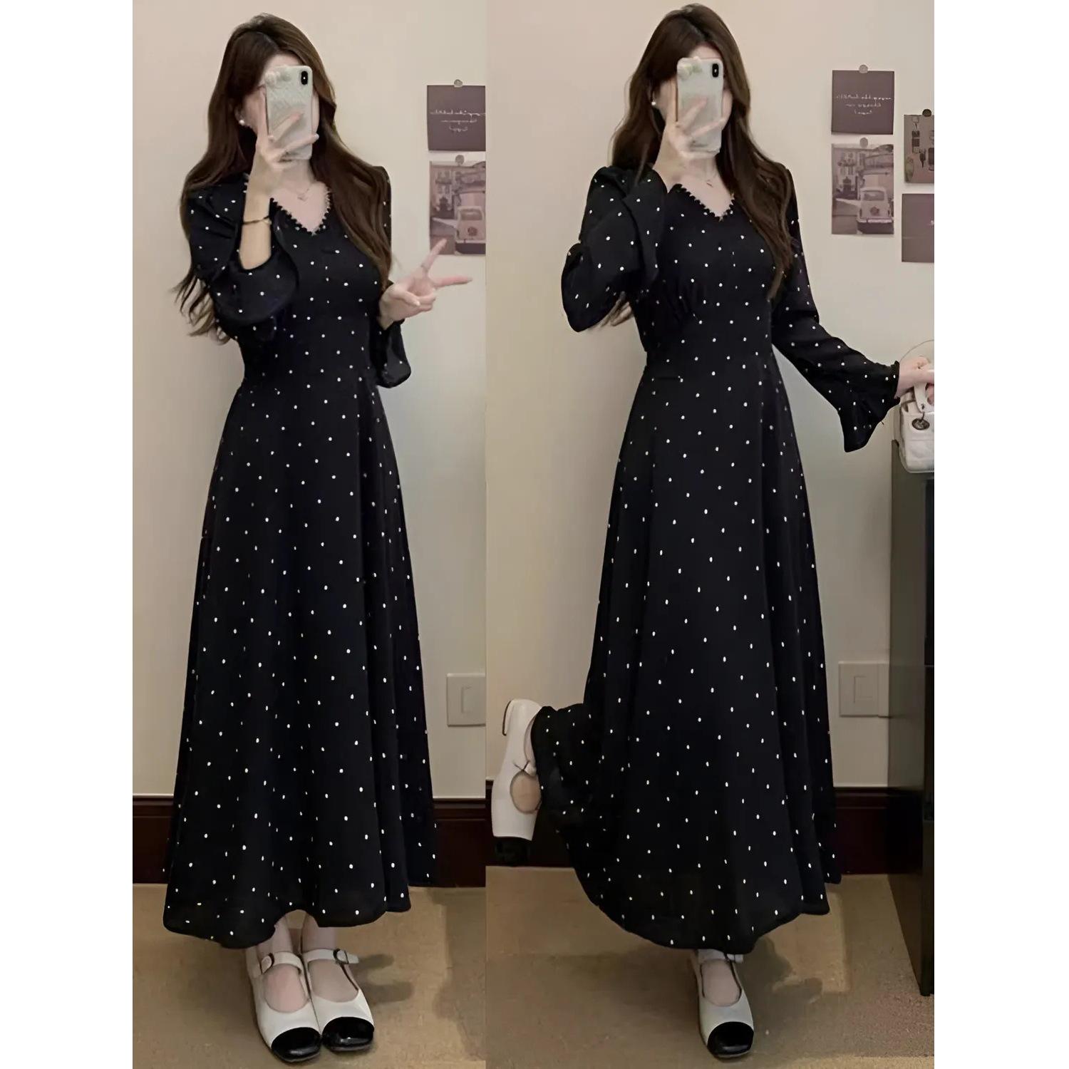 

Elegant French V-Neck Polka Dot Long Sleeve Dress – Slim Fit XL чорний