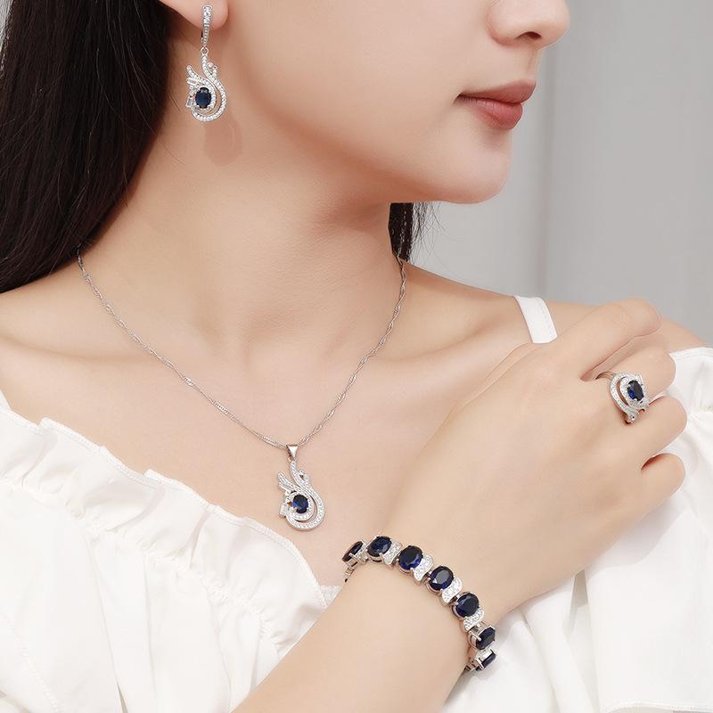 

Синие украшения с драгоценными камнями, подвеска, серьги, ожерелье и кольцо, женский комплект No. 10