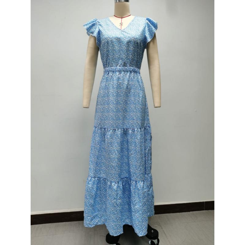 Maxi Abito Estivo Boho da Donna con Stampa Floreale Ditsy, Scollo a V, Vita Alta, Maniche a Volant, A Balze, Casual, per Vacanze al Mare