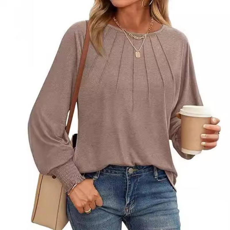 Autumn and Winter Women's Blouse Round Neck Pleated Long Sleeve Casual Tops