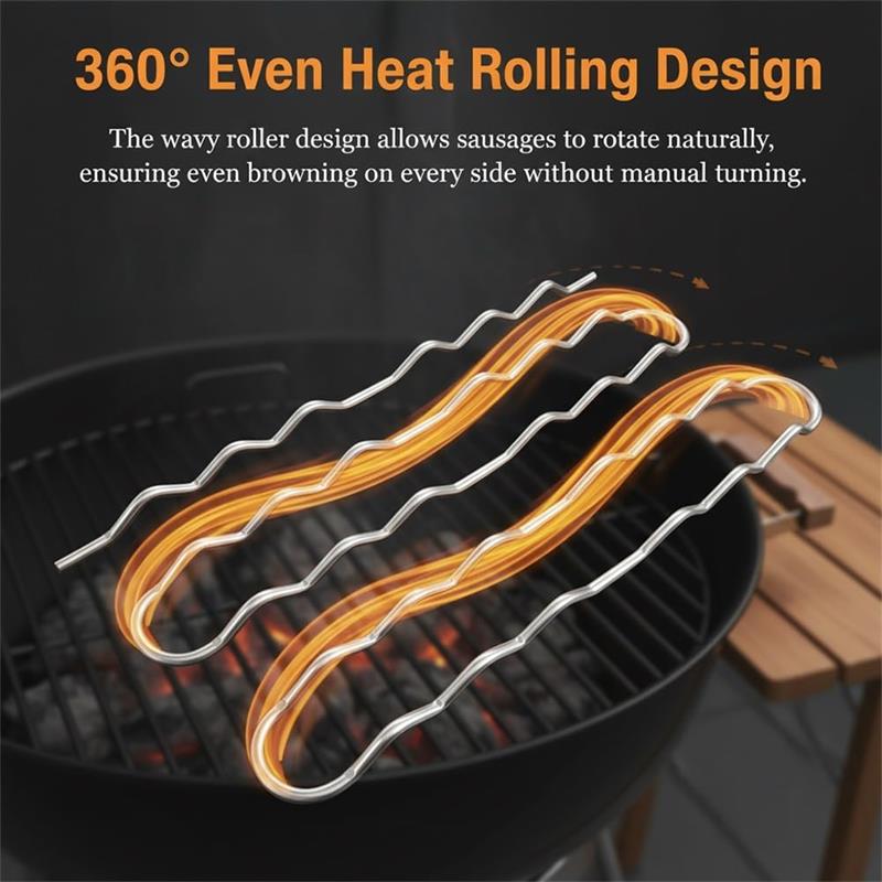 BBQ Sausage Roller Rack, Hot Dog Roller Grill, Stainless Steel Sausage Griller with 360° Rolling Design -Free Rack for Camping Outdoor Family Cookouts