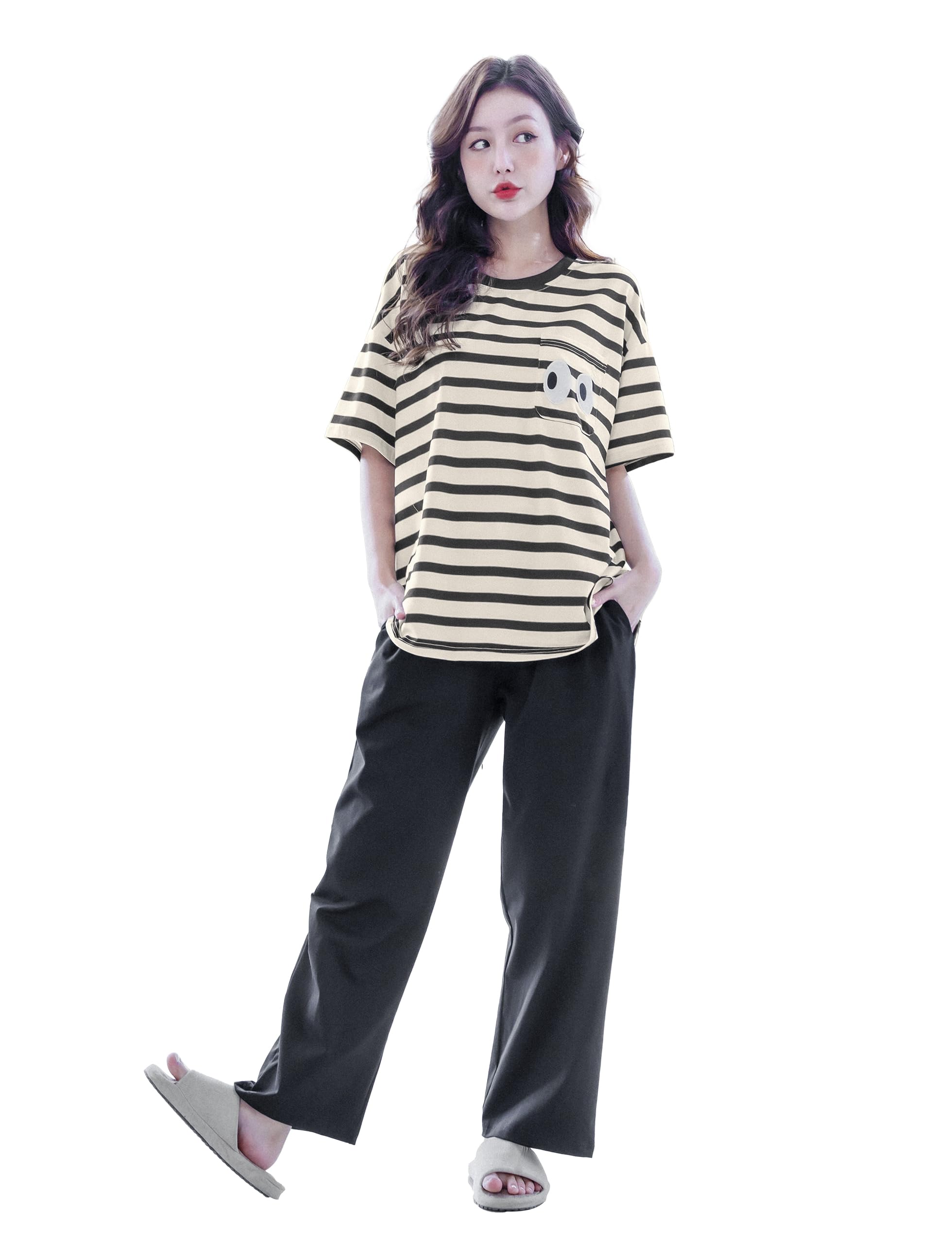 

MiniZaru Loungewear Pajama Short Cute Cotton Stretch Perfect for Spring and Summer Women s Set, Sleeves, Fabric,