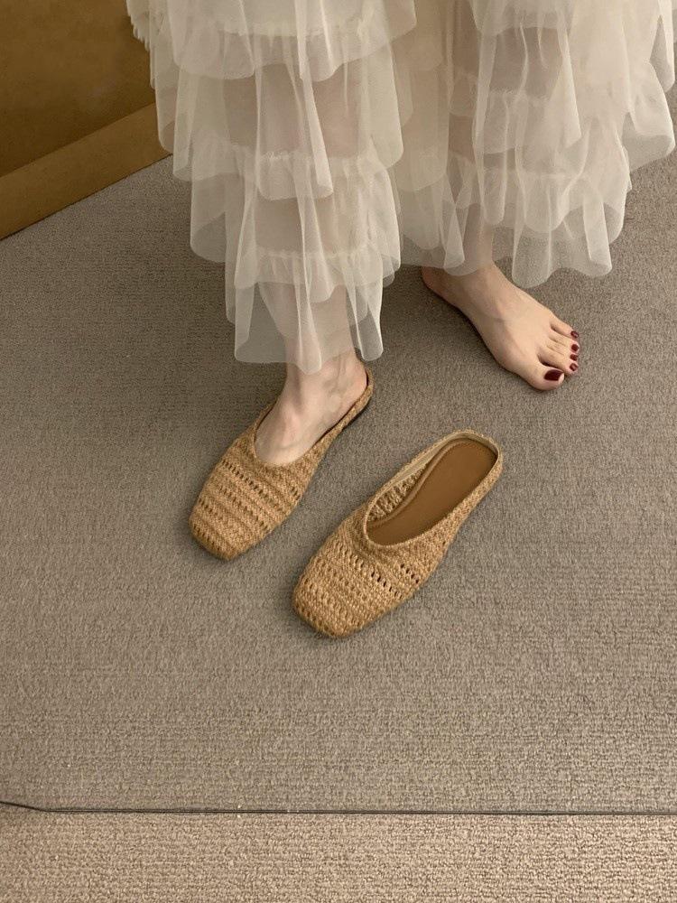 French hollow bag head slippers summer wear 2025 Birkenstocks knitted one-pedal lazy slippers